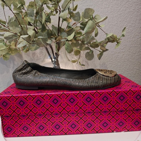 Tory Burch Shoes - Tory Burch Reva Ballet Flat Snakeskin Leather Logo Grey Gold Snake 9